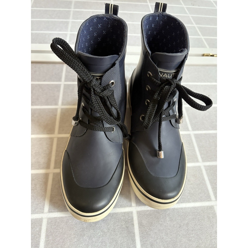 Nautica Navy Blue Ankle Water Rain Boots‎ Wellies Women's Sz 7 Lace-Up Coastal